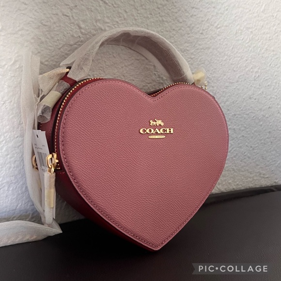 NWT COACH HEART CROSSBODY IN COLORBLOCK  LEATHER TOP HANDLE GOLD/TRUE PINK - Picture 13 of 14